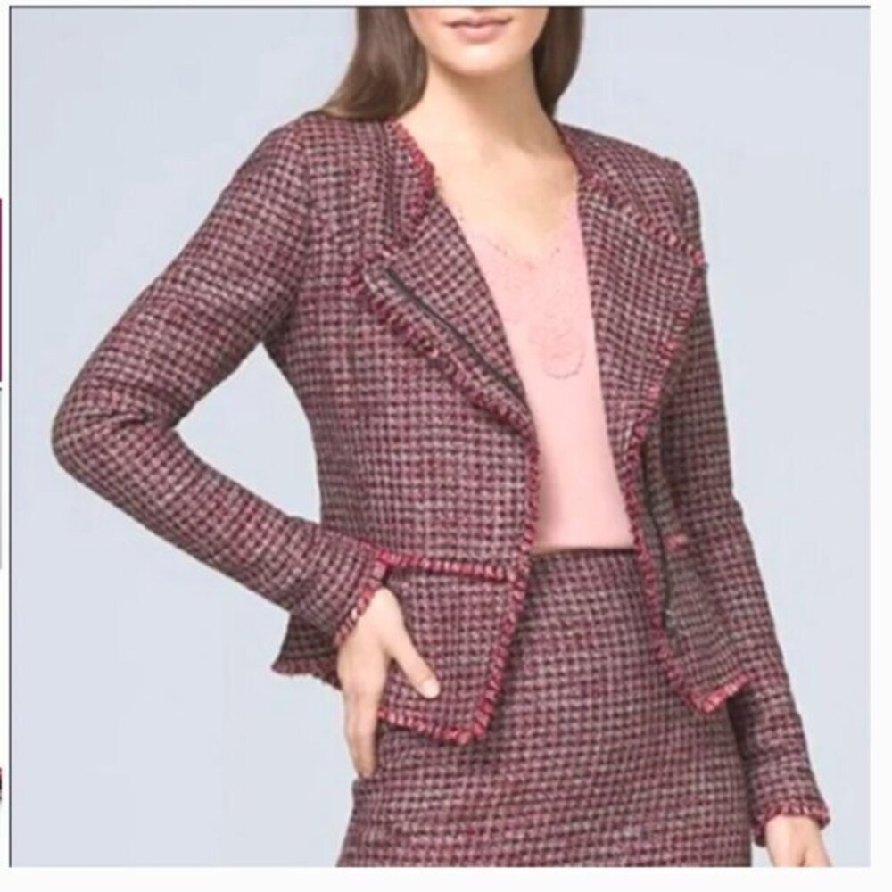 White House Black Market Tweed Plaid Tweed Fringe Metallic Jacket Size 4 - Picture 1 of 10